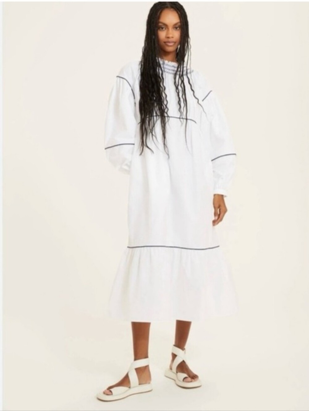NWT - Something Navy Smocked Puff Sleeve Midi Dress White Size M